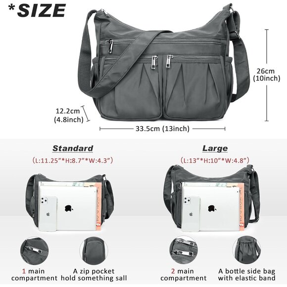 Women Grey-l Nylon Water Resistant Anti Theft Travel Crossbody Shoulder Bag - Picture 3 of 7